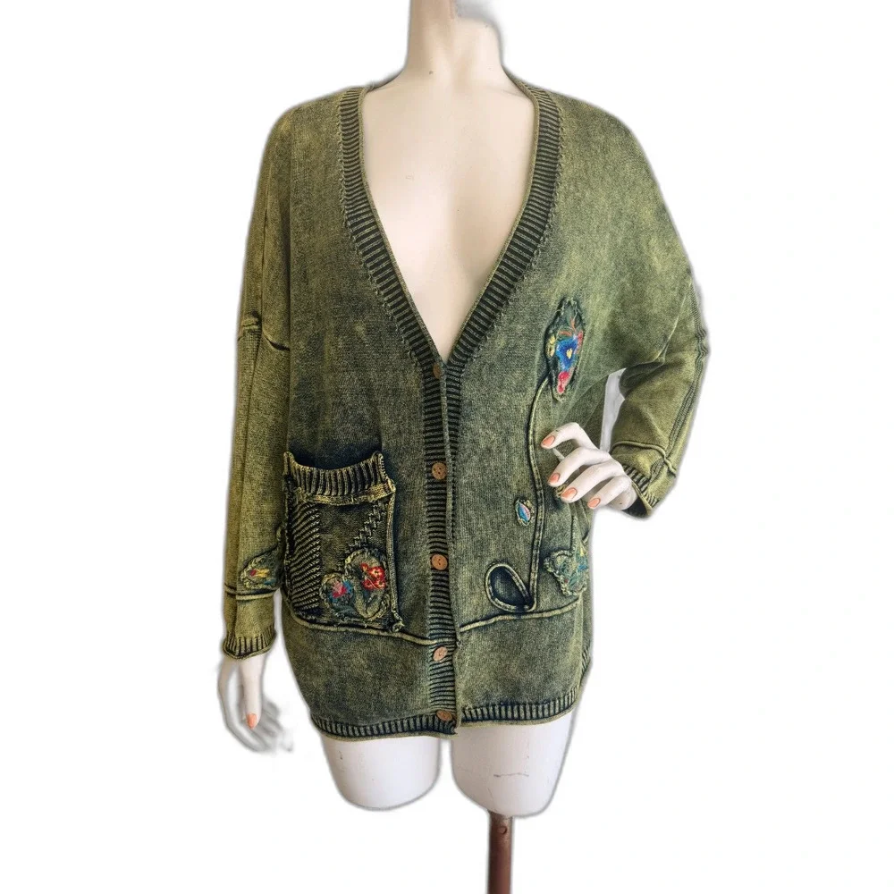 3&D Cardigan Sweater Embroidered Floral Boho Knit Oversized One Size